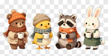 Cute Animal Friends Holding Cups PNG