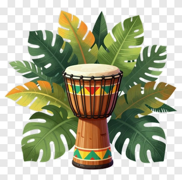 Colorful Drum Surrounded By Tropical Leaves PNG