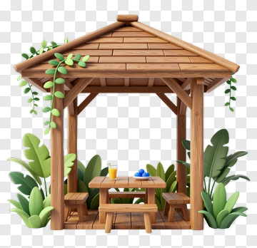 Wooden Gazebo With Table And Plants PNG