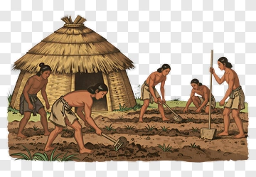 Group Of Farmers Tilling Soil Near A Thatched Hut PNG