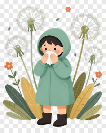 Child In A Green Raincoat Holding Tissue Among Dandelions PNG