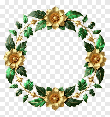 Floral Wreath With Golden Flowers And Green Leaves PNG