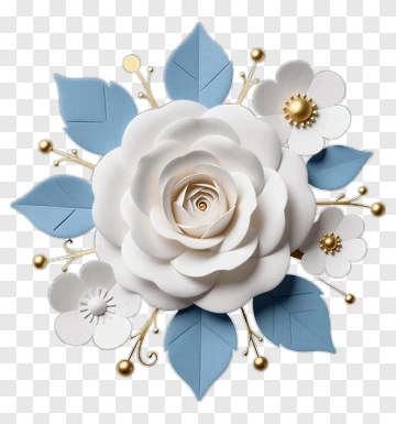 White Paper Rose With Blue Leaves And Flowers PNG