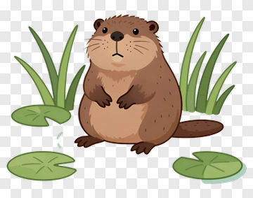 Cartoon Beaver Standing By Lily Pads PNG