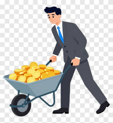 Businessman Pushing A Wheelbarrow Full Of Coins PNG
