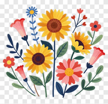 Colorful Floral Bouquet With Sunflowers And Flowers PNG
