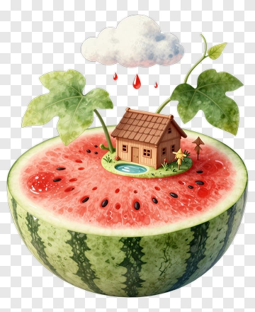 Watermelon House With Cloud And Plants PNG