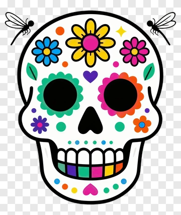Colorful Sugar Skull With Floral Decorations PNG