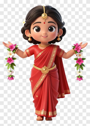 Cartoon Girl In Red Saree Holding Flowers PNG