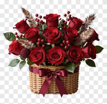Red Rose Bouquet In A Woven Basket PNG