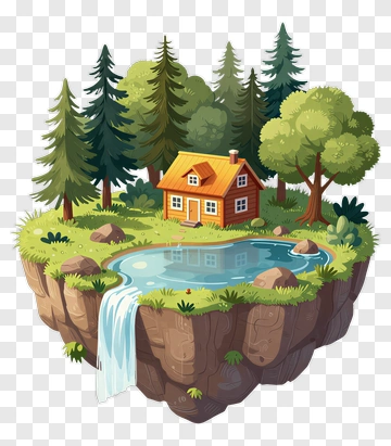 Cartoon House By A Waterfall In A Forest PNG