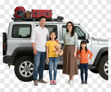 Family Standing Beside A Car With Luggage On The Roof PNG