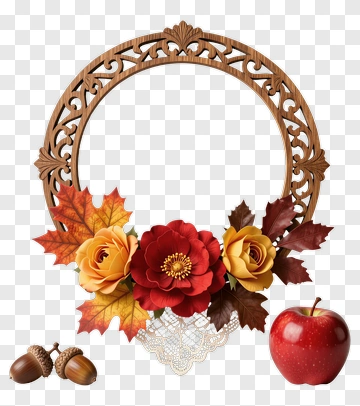 Floral Wreath With Autumn Leaves And Apple PNG