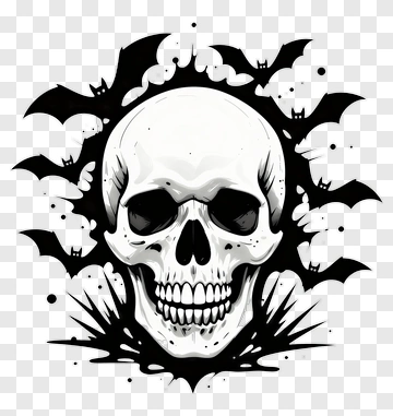 Halloween Skull Surrounded By Bats PNG