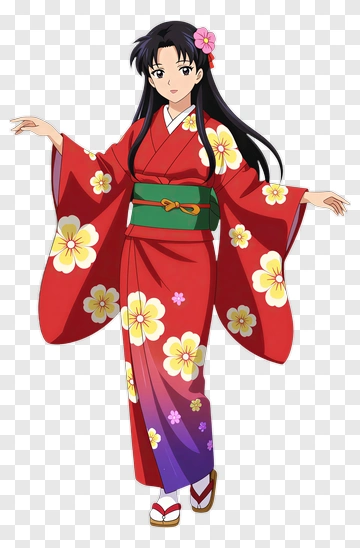 Anime Girl In Red Kimono With Flowers PNG