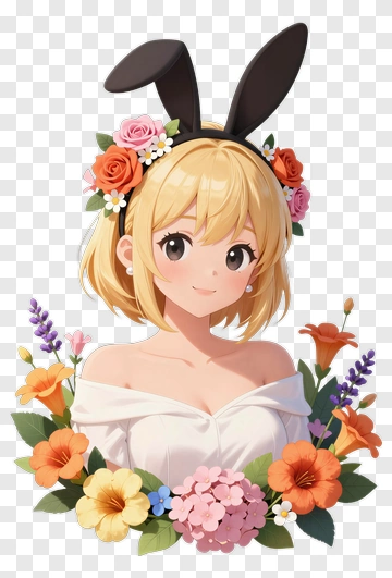 Anime Girl With Bunny Ears Surrounded By Flowers PNG
