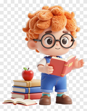 3D Boy Reading A Book With Apple And Stacked Books PNG