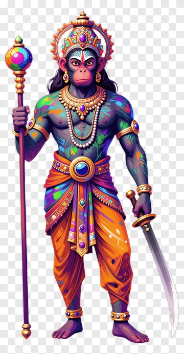 Colorful Hanuman Holding A Staff And Sword PNG