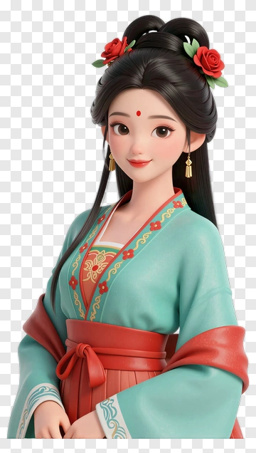 3D Woman In Traditional Dress With Flowers PNG