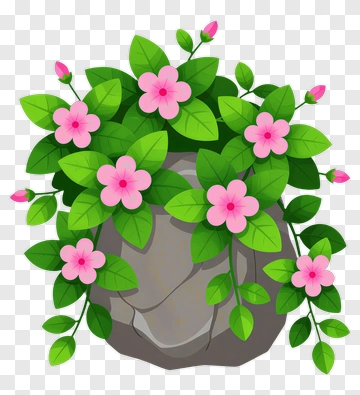 Rock Surrounded By Pink Flowers And Green Leaves PNG