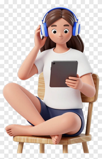 3D Girl Sitting On A Chair Using A Tablet PNG