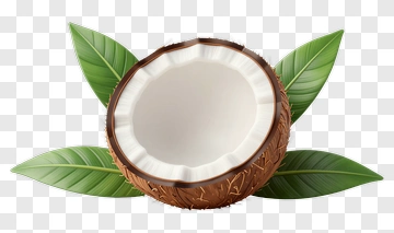 Coconut Half Surrounded By Green Leaves PNG