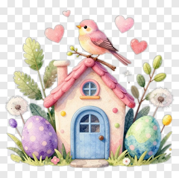Colorful Easter House With Bird And Eggs PNG