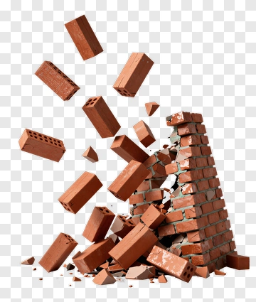 Collapsing Brick Wall With Flying Bricks PNG