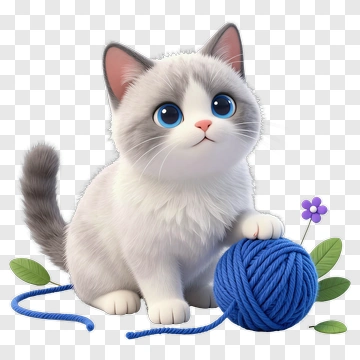 Cute Cat Playing With A Blue Yarn Ball PNG