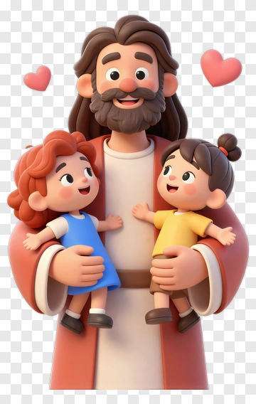 Cartoon Father Holding Two Children PNG