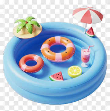Colorful Inflatable Pool With Floats And Drinks PNG