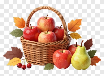 Basket Of Red Apples And Pears With Autumn Leaves PNG