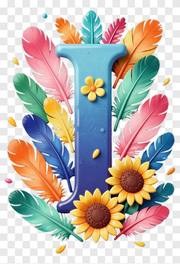Colorful Letter J Surrounded By Flowers And Feathers PNG