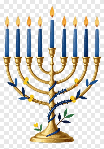 Menorah With Blue Candles And Floral Accents PNG