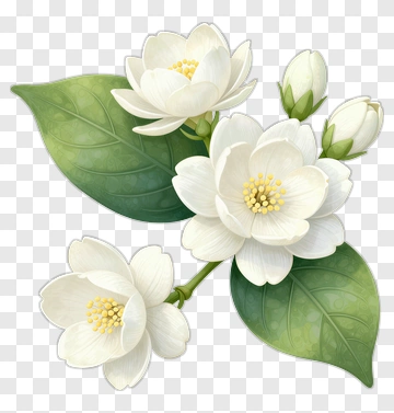 White Jasmine Flowers With Green Leaves PNG
