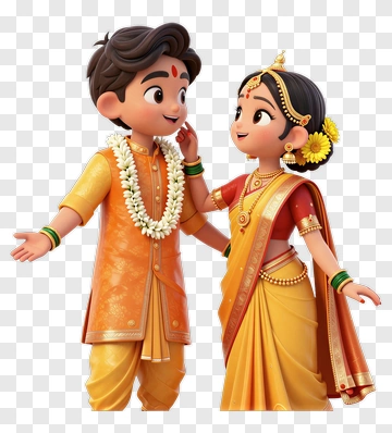 Cartoon Couple In Traditional Indian Attire PNG