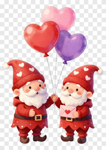 Happy Gnomes Holding Heart Balloons PNG