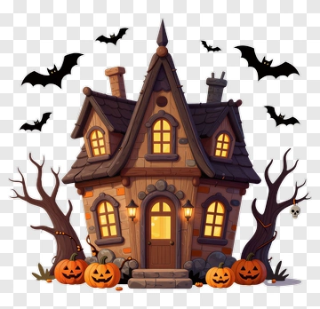 Halloween Haunted House With Pumpkins And Bats PNG