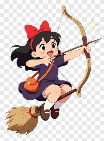 Cartoon Girl Flying On A Broom With A Bow And Arrow PNG
