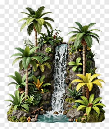 Tropical Waterfall Surrounded By Lush Greenery PNG