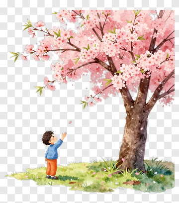 Boy Reaching For Cherry Blossom Tree PNG
