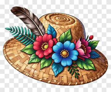 Colorful Straw Hat With Flowers And Feathers PNG