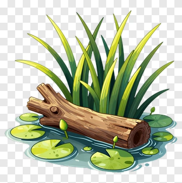 Log Surrounded By Water Lilies And Grass PNG