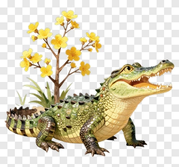 Crocodile Beside A Flowering Tree PNG