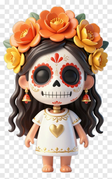 Cartoon Sugar Skull Girl With Floral Headpiece PNG