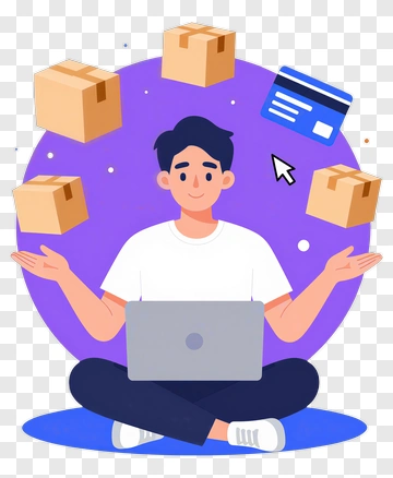 Cartoon Man Using Laptop Surrounded By Delivery Boxes PNG