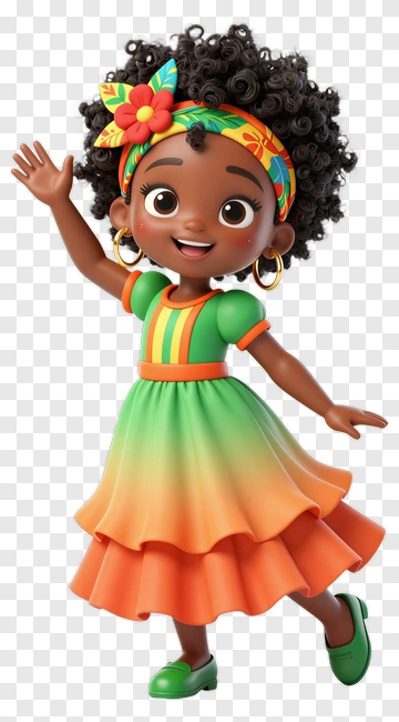 Cartoon Girl In Colorful Dress Waving PNG