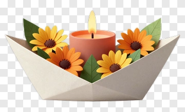 Candle Surrounded By Yellow Flowers In A Paper Boat PNG