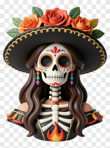 Colorful Skeleton Woman With Flowers And Hat PNG