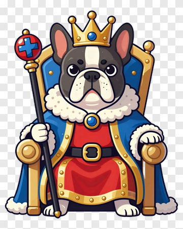 Cartoon French Bulldog King Sitting On Throne PNG